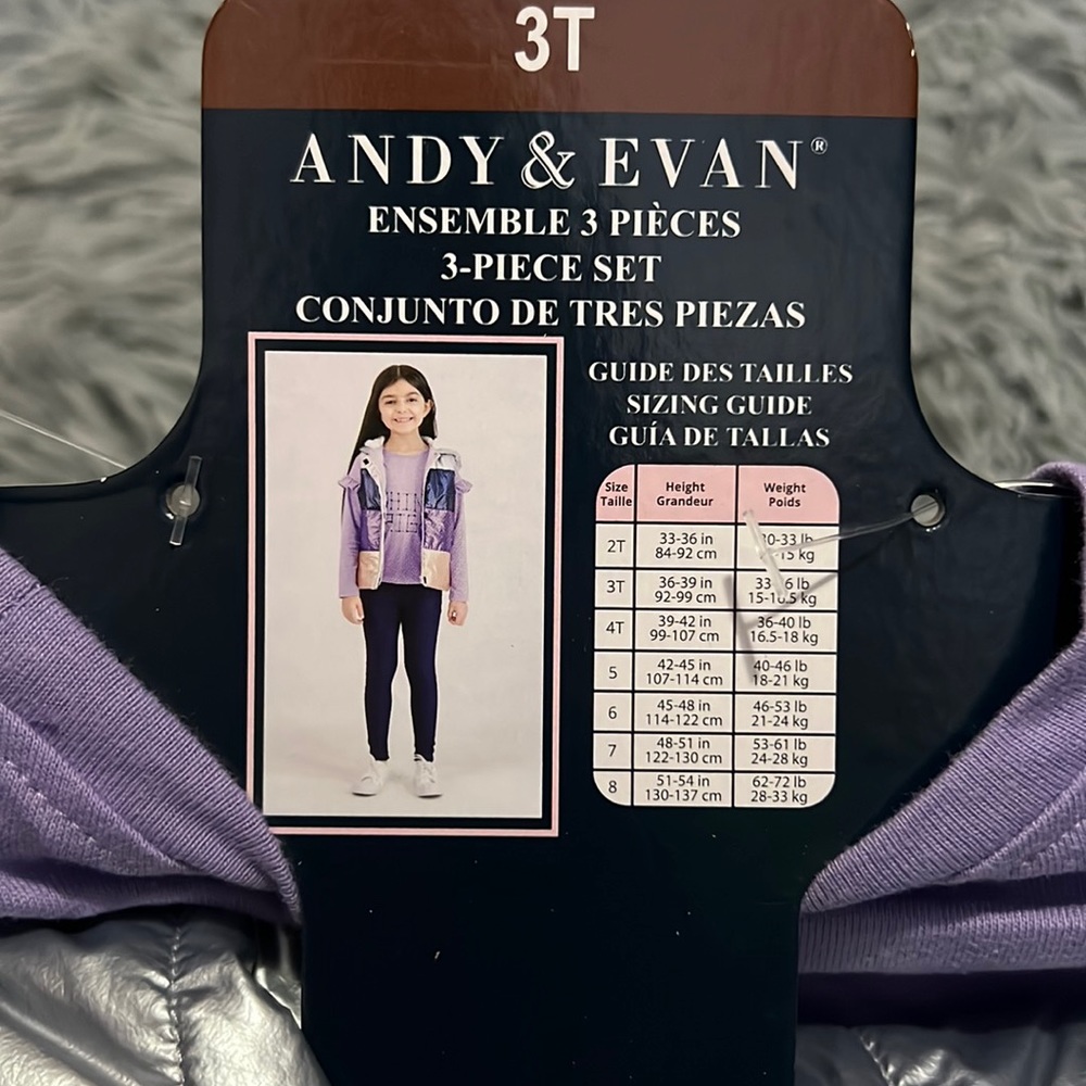 Andy & Evan 3PC Girls Outfit Purple Blue Silver Puffer Vest Jeans BNWT Size 3T